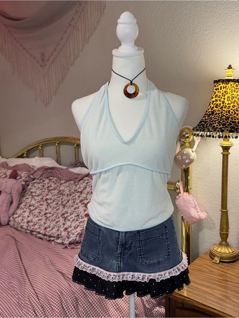 Y2K Terrycloth Light Blue Halter V-Neck Women's Tank Top
